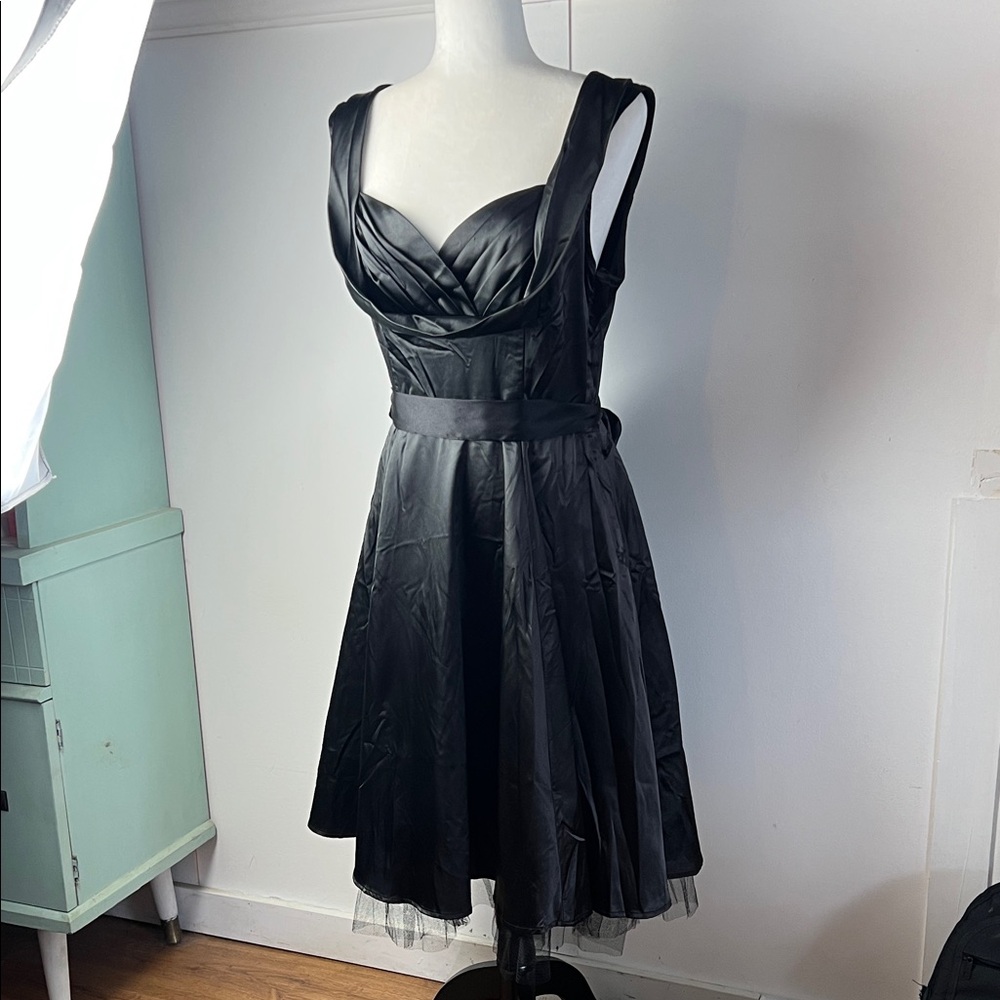 H&R London Black Satin Cocktail Dress with sweetheart neckline and ribbon bow